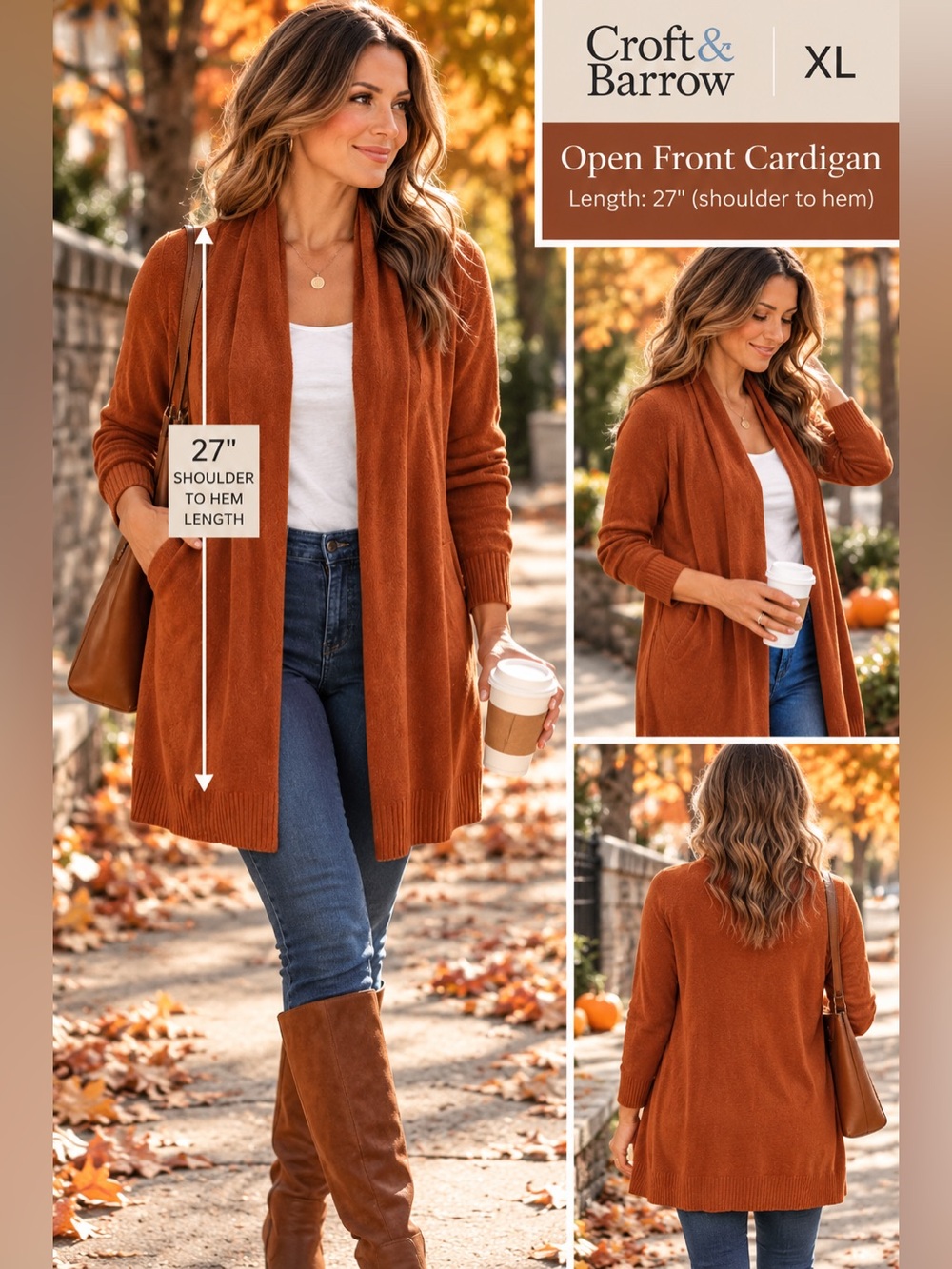 EUC Croft & Barrow XL Rust Burnt Orange Open Front Cardigan Sweater 27”